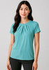 A teal short sleeve top with pleats, featuring a fitted design and a subtle logo.