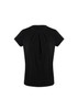 A black women's short sleeve top featuring pleat detailing and a relaxed fit. It has a logo on the garment.