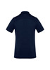 A navy short sleeve polo shirt with a classic collar and a logo on the back.