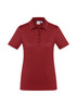 A women's short sleeve polo shirt in a rich burgundy colour, featuring a collar and buttons, with a logo on the front.
