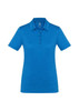 A bright blue women's short sleeve polo shirt featuring a collar and button placket, with a logo on the chest.