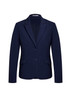 A navy mid-length women's jacket with a notched lapel and two-button closure, featuring two side pockets and a branding logo.