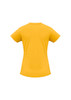 A yellow women's short sleeve tee with a fitted design and a plain back. It features a logo on the fabric.