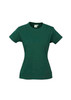 A green women's short sleeve T-shirt with a fitted design and a logo on the label area.