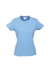 A light blue women's short sleeve tee with a fitted design and a logo on the label.