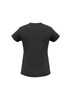A black short-sleeve women's tee with a round neckline and a plain design. It features a small logo on the back.