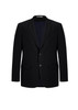 A black men's suit jacket featuring a two-button design and a classic blazer style with a logo.