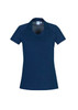 A navy women's short sleeve polo shirt featuring a V-neck design and a collar. It has a logo on it.