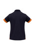 A women's short sleeve polo in navy with orange accents. The back features a collar and a logo.
