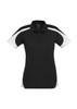 A women's short sleeve polo in black with white accents and a logo on the front.