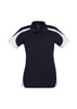 A women's short sleeve polo shirt in navy blue with white accents and a logo.