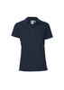 A navy women's polo shirt with a collar and short sleeves, featuring a logo on the chest area.