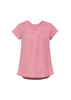 A pink women's V-neck blouse with short sleeves and a pleat detail, featuring a simple, elegant design.