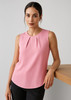 A pink sleeveless blouse with pleat detail, featuring a rounded neckline and a smooth fabric finish.