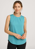 A sleeveless turquoise blouse with pleat detail, modelled by a woman against a neutral background.