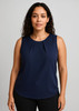 A sleeveless navy blue blouse featuring pleat detail at the front, designed for women's casual wear.