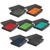 A notebook and pen gift set in various vibrant colours, displayed in black presentation boxes. Each set has a branding logo.