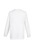 A women's white hi-lo blouse with long sleeves, featuring a simple design and a logo.
