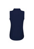 A sleeveless top in navy blue, featuring a high collar and a smooth fabric. Includes a logo on the back.