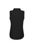A black sleeveless top with a collar, featuring a smooth design and a logo on the back.