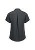 A women's short sleeve button-up shirt in dark grey, featuring a back pleat and rolled cuffs. It has a logo.