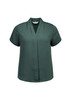 A short sleeve button-up shirt in a deep green colour with a relaxed collar and subtle pleat detailing.