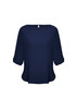 A navy blue women's boatneck top with rolled sleeves and a keyhole back design, featuring a subtle logo.