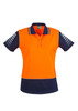 A women's short sleeve polo in high visibility orange and navy, featuring a logo on the chest and striped detailing on sleeves.
