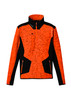 A reinforced knit 1/2 zip pullover in orange and black, featuring a front zip pocket and side zippers.