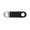 A drink bottle opener in black with a stainless steel head, featuring a logo on the handle.