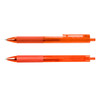 Two orange Flow Gel Pens are positioned parallel, featuring textured grips and clip attachments.