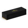 A sleek black box with a logo, featuring a yellow accent on the bottom. Suitable for packaging a pen.
