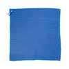 A blue travel towel with a textured fabric and a hanging loop. It has a simple design and features a logo.