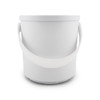 A white plastic bucket with a handle, designed for various storage and transport purposes.