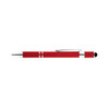 A red spinner pen with silver accents and a textured grip, featuring a clip and a logo.