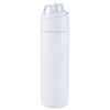 A drink bottle made of recycled stainless steel, featuring a white exterior and a flip straw top.