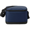 A navy blue insulated lunch bag with a black base and a shoulder strap, featuring a pocket on the side and a logo.
