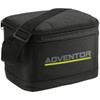 A black insulated cooler lunch bag with a shoulder strap and a logo on the front.