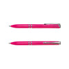 A bright pink recycled ABS pen with a chrome clip and trims, featuring a sleek design.