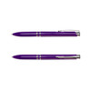 A purple pen with a shiny finish, featuring silver accents and a clip, showcasing a sleek design.