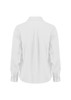 A white long sleeve shirt with a collar and buttoned cuffs, featuring a central back pleat. It has a logo.
