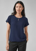 A navy blue women's short sleeve blouse with a keyhole neckline, featuring a relaxed fit and cuffed sleeves.