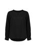 A black long sleeve blouse featuring a round neckline and gathered cuffs. It has a subtle keyhole detail at the front.