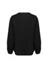 A black long sleeve blouse with a simple design and gathered sleeves. It features a rounded neckline and a logo.