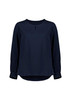 A navy blue long sleeve blouse with a round neckline and gathered sleeves. It features a subtle logo on the side.