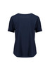 A navy blue women's blouse with short sleeves and a ruché texture, featuring a simple design and a logo.