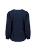 A navy blue women's long sleeve blouse featuring ruché detailing and a relaxed fit design. It has a branding logo.
