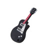 A black guitar-shaped USB flash drive with red and white details and a logo on it.