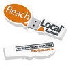 A custom USB flash drive in orange and white with a branding logo and a distinctive shape.