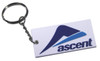 A white custom PVC keyring with a silver keychain, featuring a logo and blue design elements.
